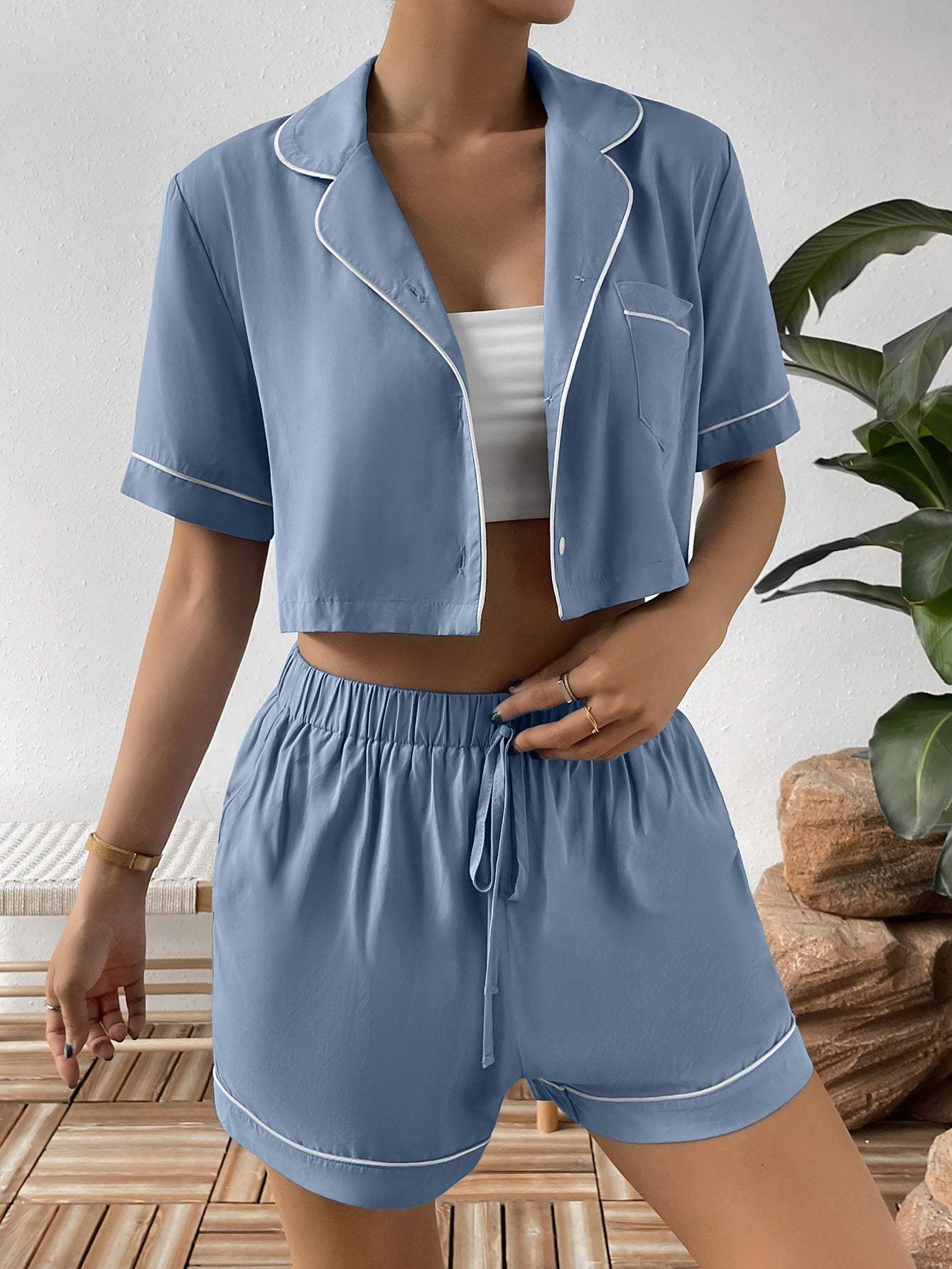 Contrast Lapel Collar Cropped Shirt and Shorts Lounge Set Loungewear Sets - Tophatter Daily Deals