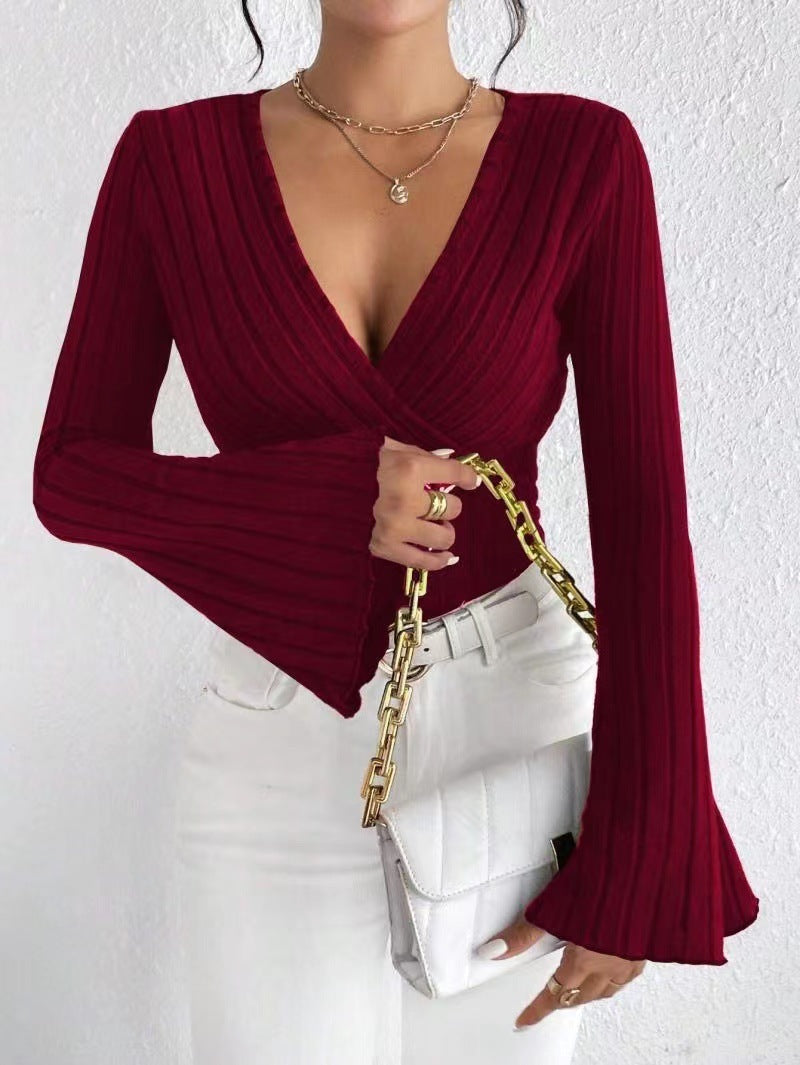 Stretchy Women’s Long Sleeve Top - V Neck, Ribbed Knit Wine Red 3D Changing Face Moving Picture Frame - Tophatter Daily Deals