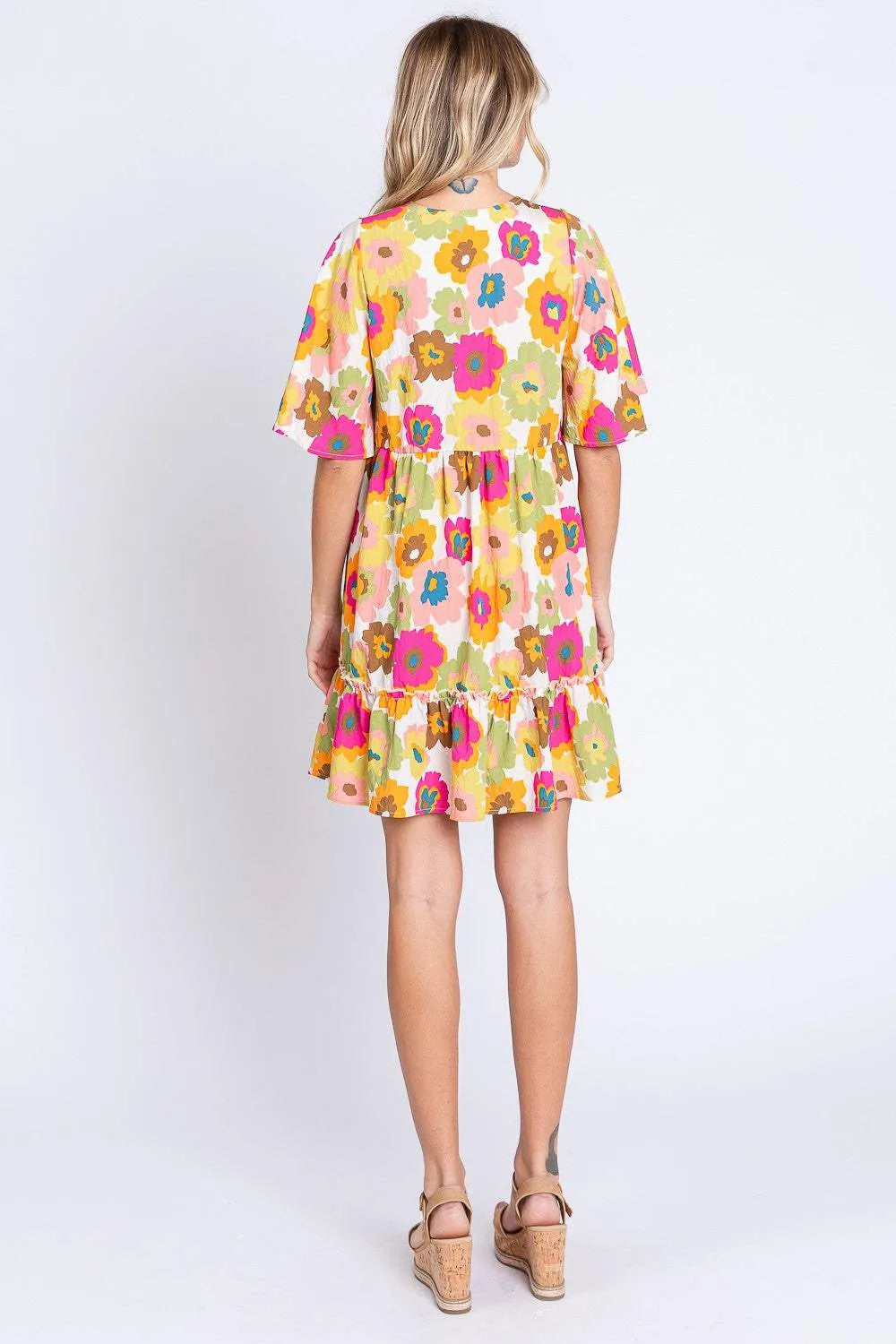 GeeGee Full Size Floral V-Neck Ruffle Trim Mini Dress Casual Dresses - Tophatter Daily Deals