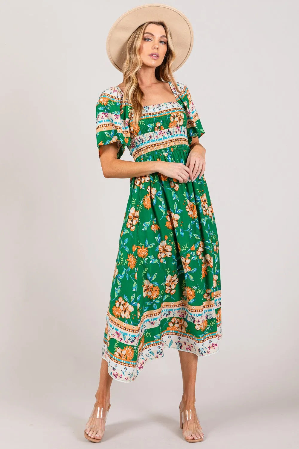 SAGE + FIG Printed Smocked Short Sleeve Midi Dress Casual Dresses - Tophatter Daily Deals