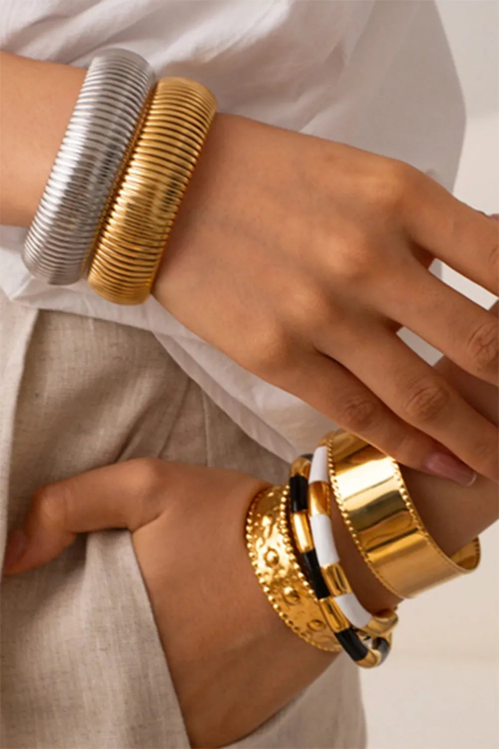 Gold Textured Titanium Steel Chunky Bangle Bracelets - Tophatter Daily Deals