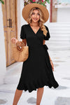 Surplice Neck Flutter Sleeve Dress Black Casual Dresses - Tophatter Daily Deals