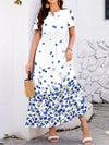 Smocked Printed Short Sleeve Midi Dress White Casual Dresses - Tophatter Daily Deals