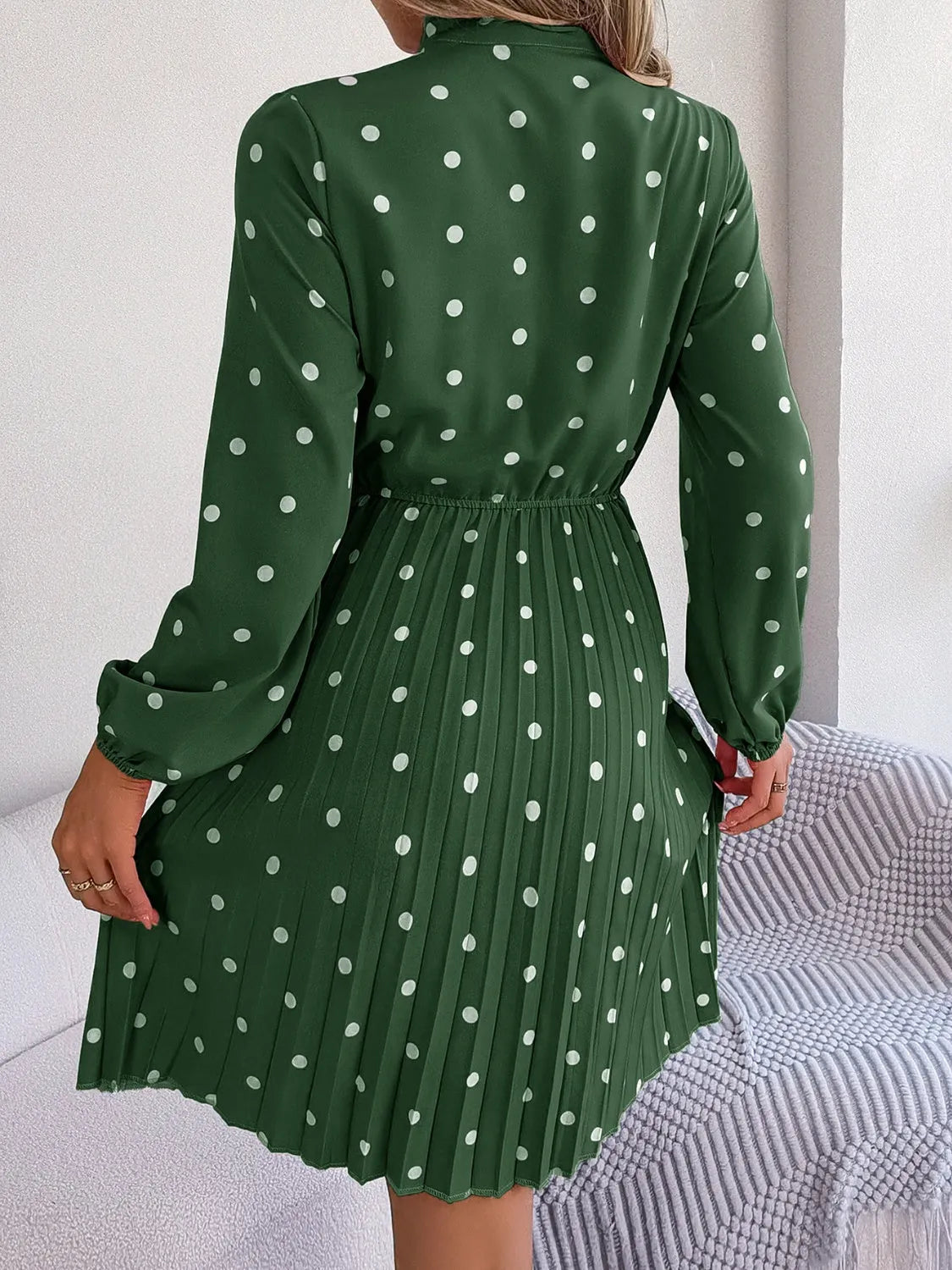 Polka Dot Tie Neck Pleated Dress Casual Dresses - Tophatter Daily Deals