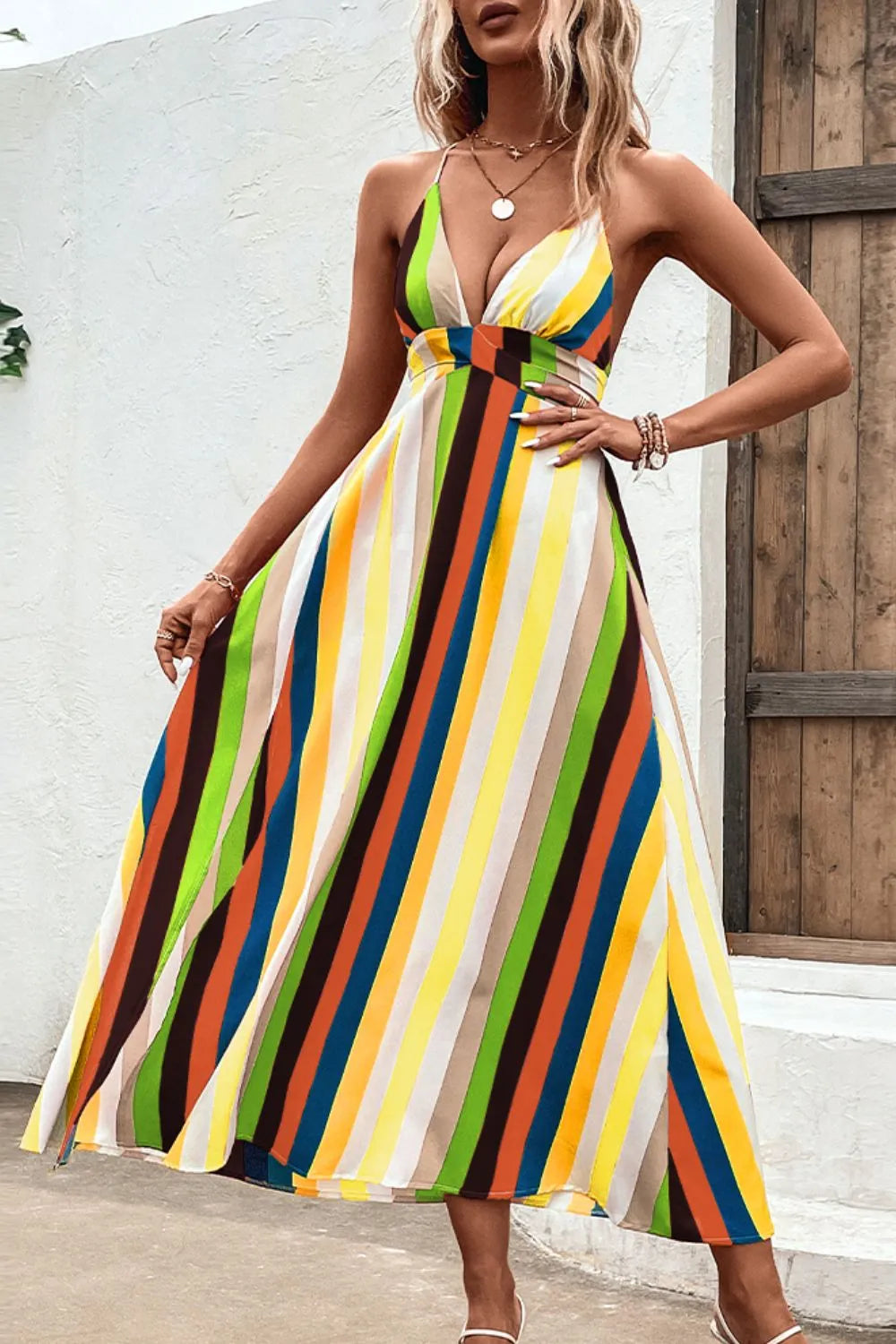 Multicolored Stripe Crisscross Backless Dress Casual Dresses - Tophatter Daily Deals