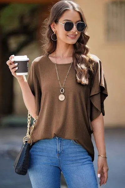 Round Neck Flutter Sleeve T-Shirt Chestnut Women's T-Shirts - Tophatter Daily Deals
