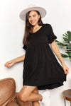 Double Take V-Neck Flounce Sleeve Tiered Dress Black Casual Dresses - Tophatter Daily Deals