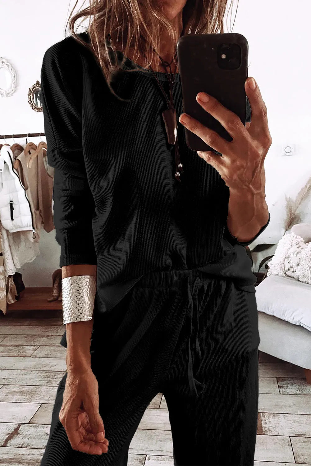 Black Textured Long Sleeve T Shirt and Pants Lounge Set Loungewear & Sleepwear/Loungewear - Tophatter Daily Deals