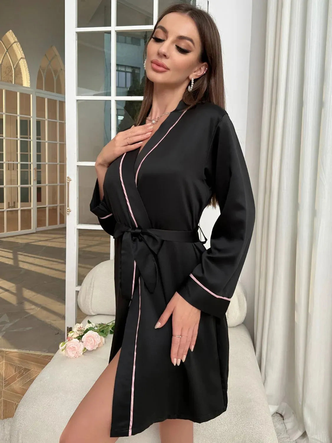 Tie Waist Surplice Neck Robe Sleep Dresses - Tophatter Daily Deals