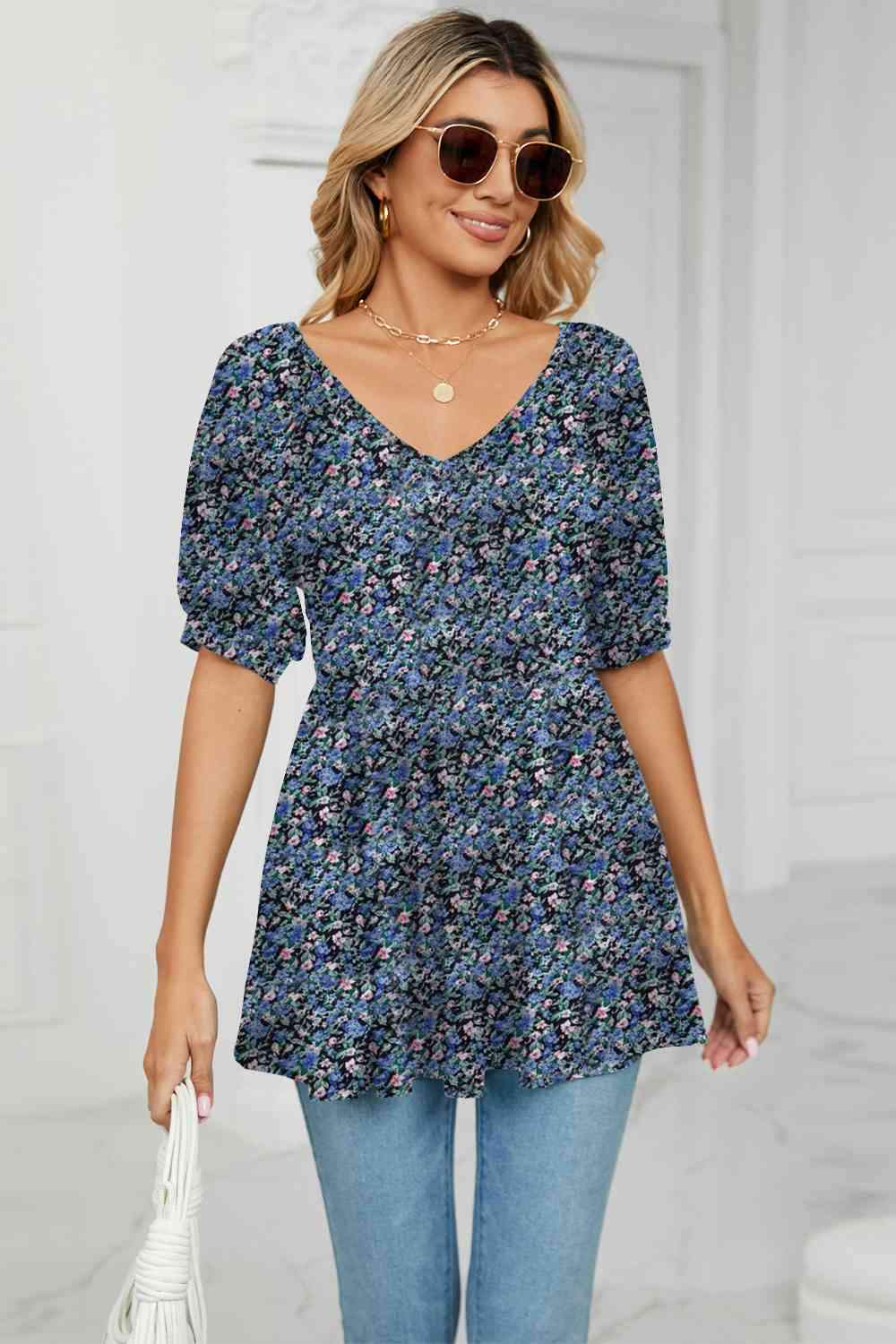 V-Neck Babydoll Blouse Azure Blouses - Tophatter Daily Deals