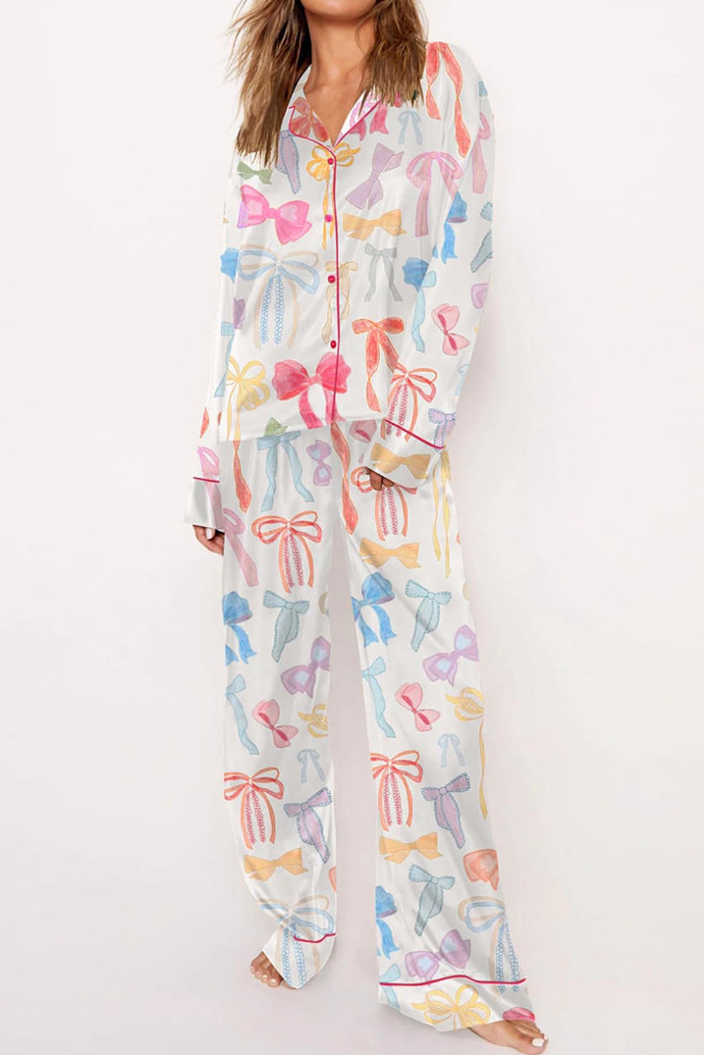 White Bow Knot Print Lapel Collar Wide Leg Satin Pajama Set Loungewear & Sleepwear/Sleepwear - Tophatter Daily Deals