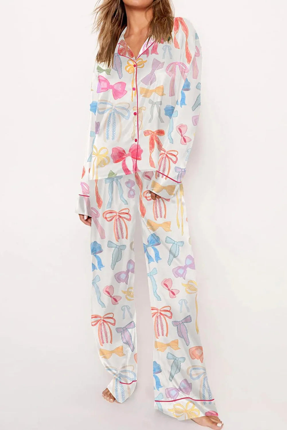 White Bow Knot Print Lapel Collar Wide Leg Satin Pajama Set Loungewear & Sleepwear/Sleepwear - Tophatter Daily Deals