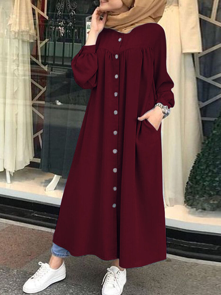 Solid Color Stand Collar Button Down Front Leisure Loose Pockets Women Maxi Dress Wine Red Maxi Dresses - Tophatter Daily Deals