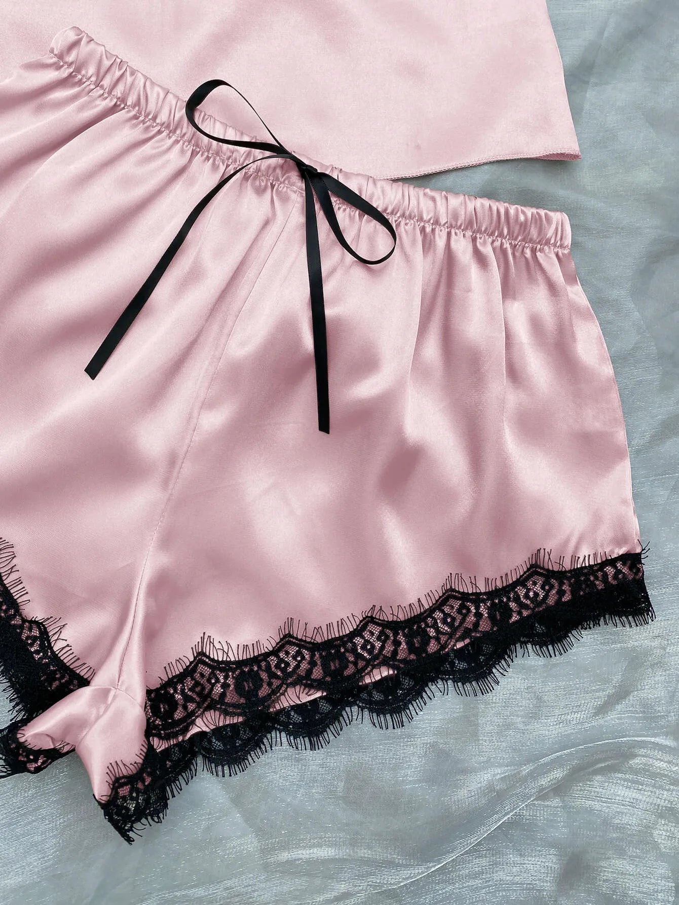 Lace Trim Cami, Shorts, Eye Mask, Scrunchie, and Bag Pajama Set Loungewear Sets - Tophatter Daily Deals