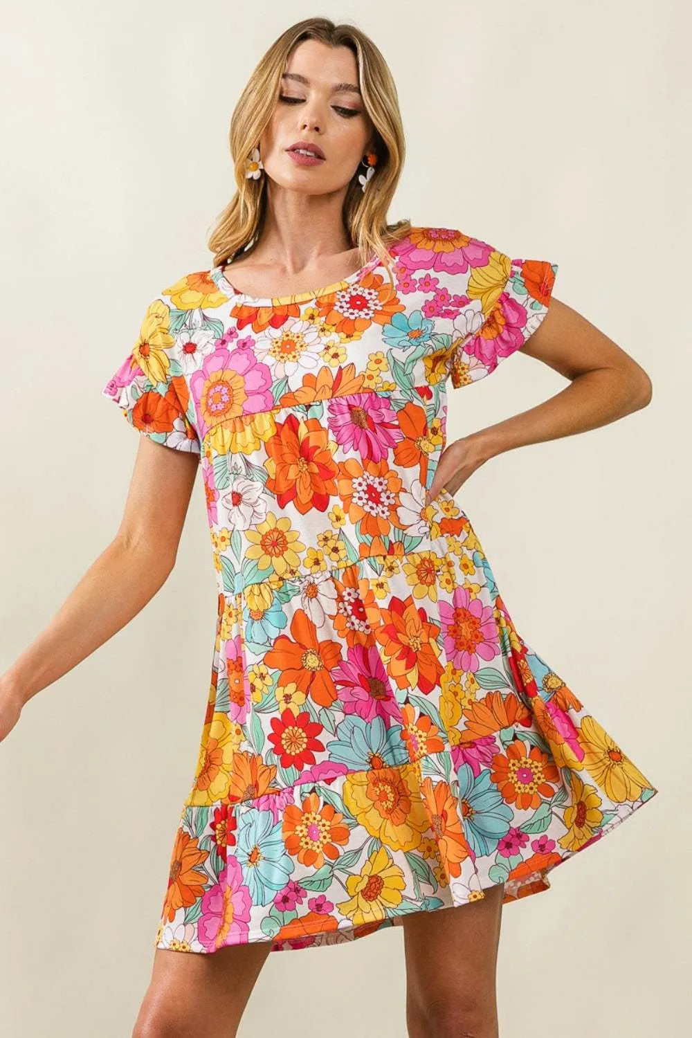 BiBi Floral Short Sleeve Tiered Dress APRICOTPINKMULTI Casual Dresses - Tophatter Daily Deals