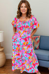 Plus Size Smocked Printed Half Sleeve Dress Hot Pink Casual Dresses - Tophatter Daily Deals