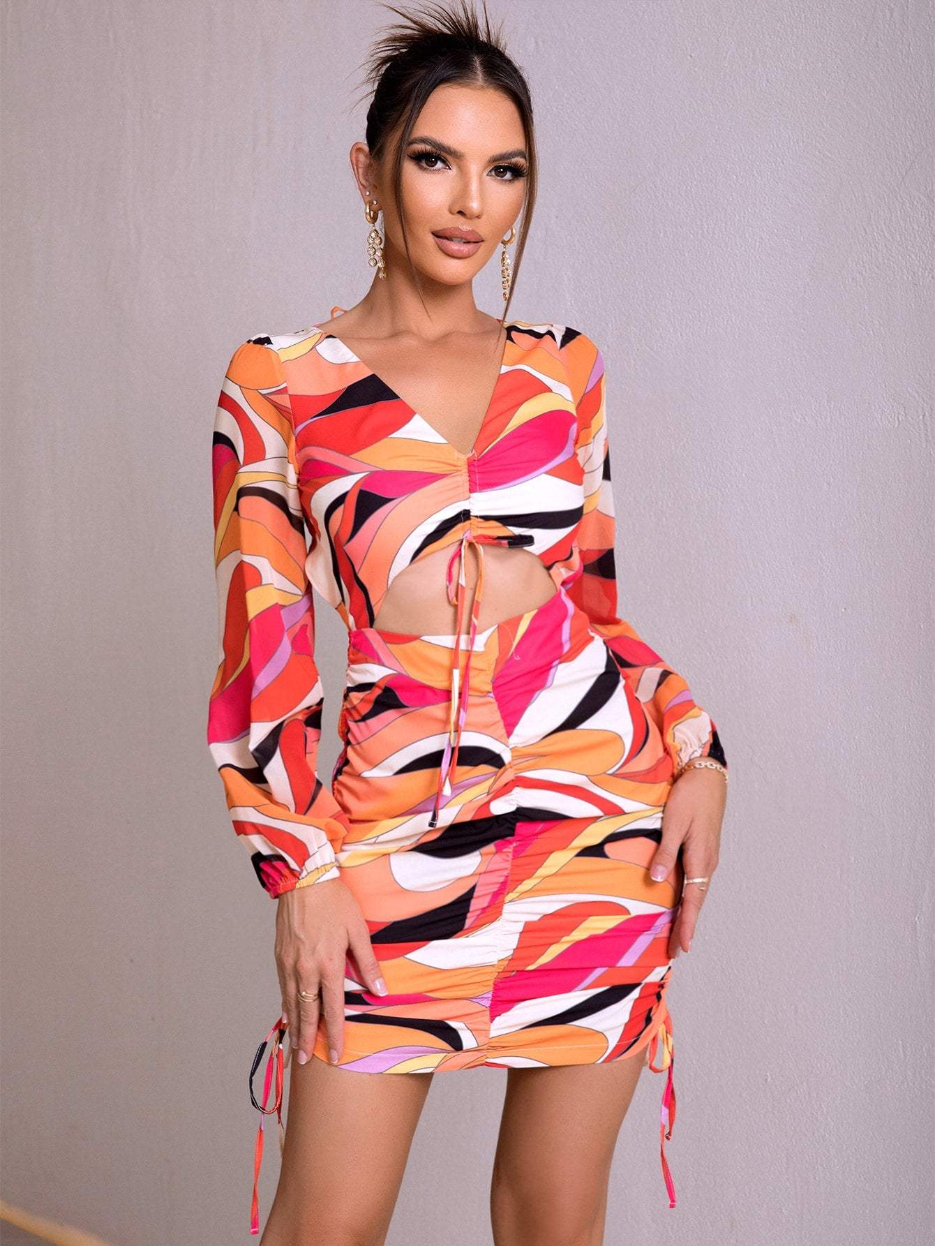 Printed Open Back Cutout Drawstring Mini Dress Multi Cocktail Dresses - Tophatter Daily Deals