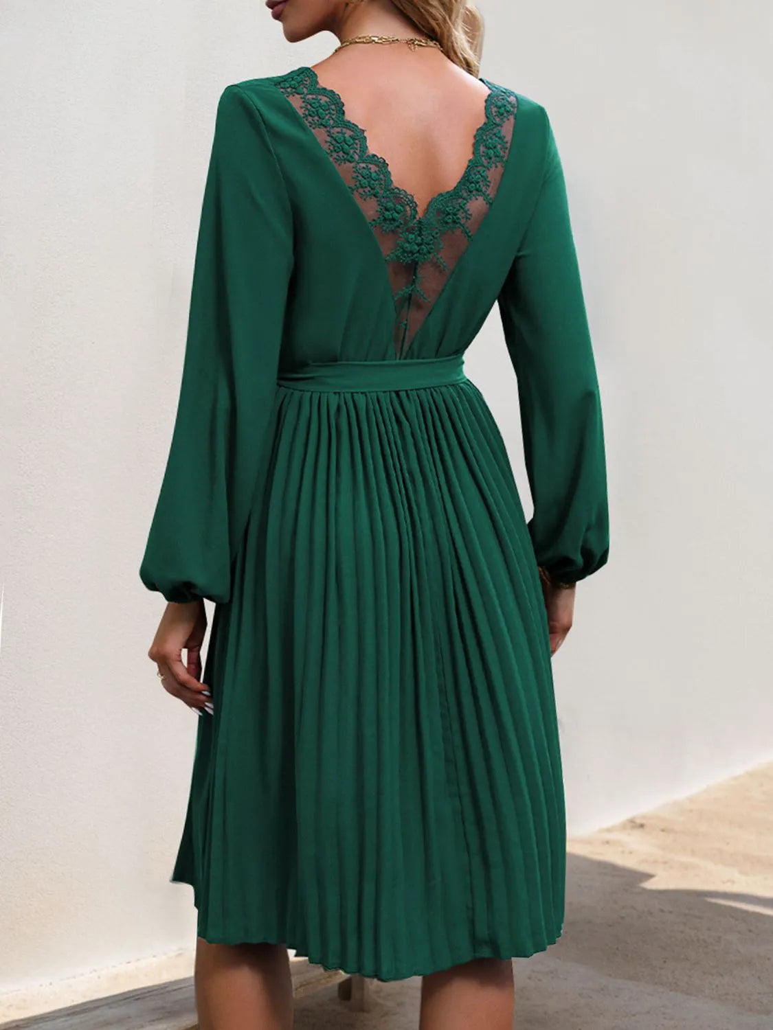 Lace V-Neck Long Sleeve Pleated Dress Dark Green Casual Dresses - Tophatter Daily Deals