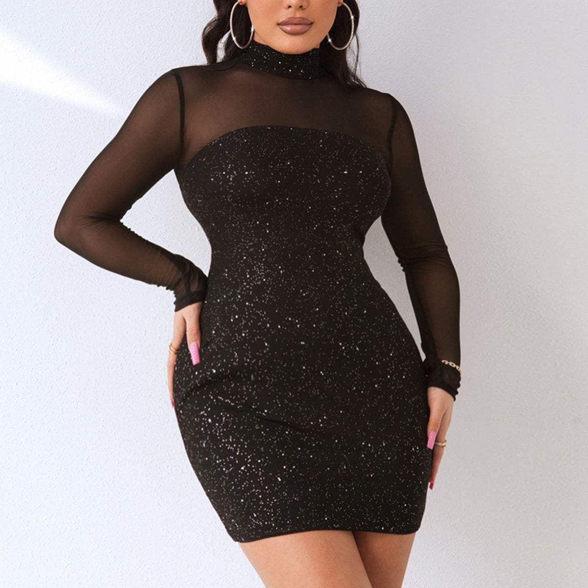 Sequin Mock Neck Mesh Dress Black Cocktail Dresses - Tophatter Daily Deals