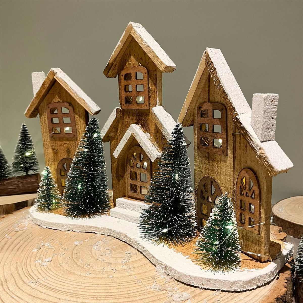 Rustic Wooden LED Christmas Village Scene | Light-Up Christmas Houses - 38x27cm Ornament - Tophatter Daily Deals