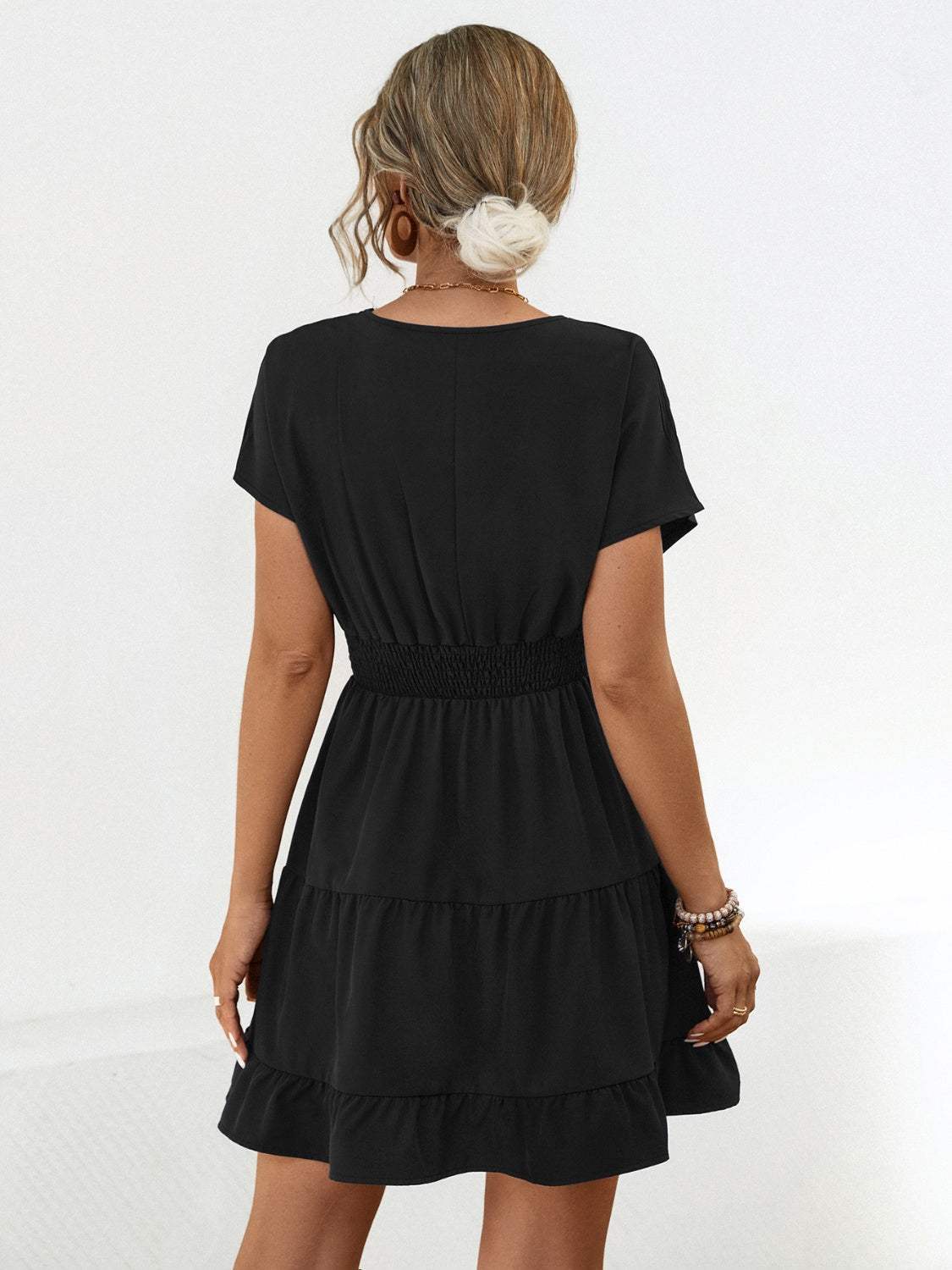 Ruffled Smocked V-Neck Tiered Dress Casual Dresses - Tophatter Daily Deals