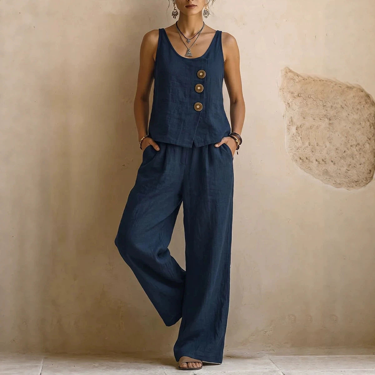 Women's Cotton Linen Sleeveless Tank Top & Pants Two-Piece Set Dark Blue Women's Tops - Tophatter Daily Deals