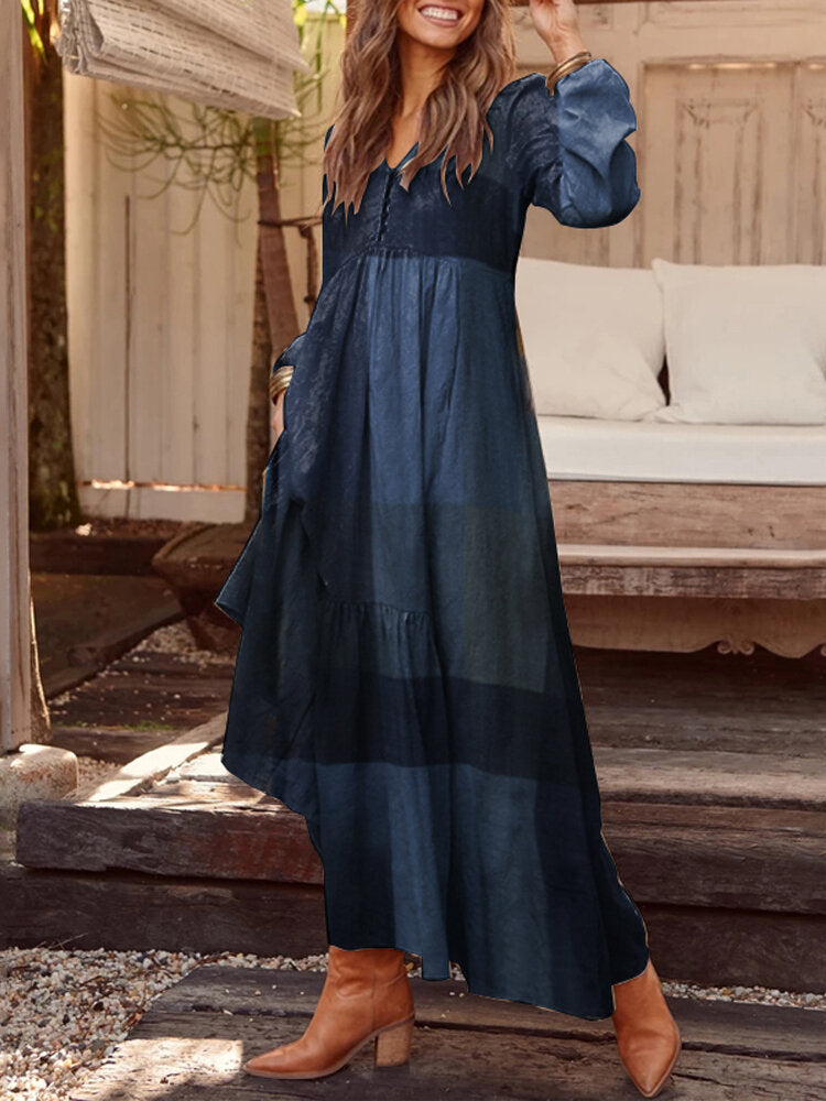 Casual Plaid Notch Neck Long Sleeve Vintage Pocket Women Maxi Dress Maxi Dresses - Tophatter Daily Deals
