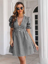 Decorative Button Plaid Short Sleeve Dress Casual Dresses - Tophatter Daily Deals