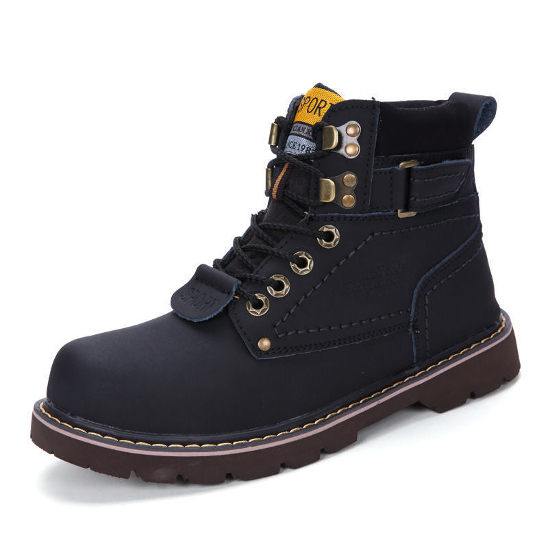 British Style Winter High-top Tooling Plus Velvet Korean Trendy Cowhide Rhubarb Boots Black 0 - Tophatter Daily Deals