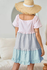 BiBi Square Neck Puff Sleeve Ruffled Hem Tiered Dress Casual Dresses - Tophatter Daily Deals
