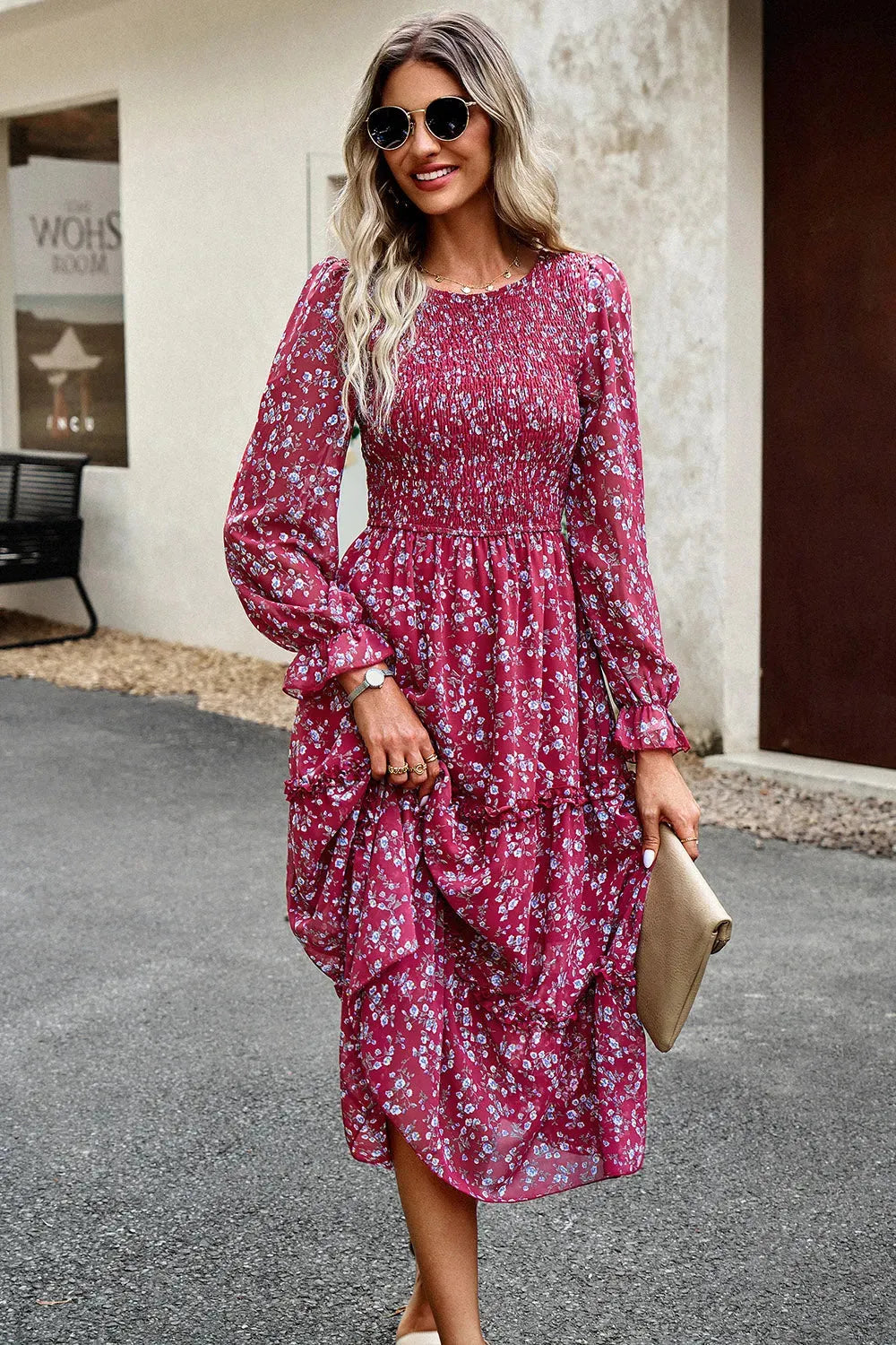 Smocked Flounce Sleeve Midi Dress Casual Dresses - Tophatter Daily Deals