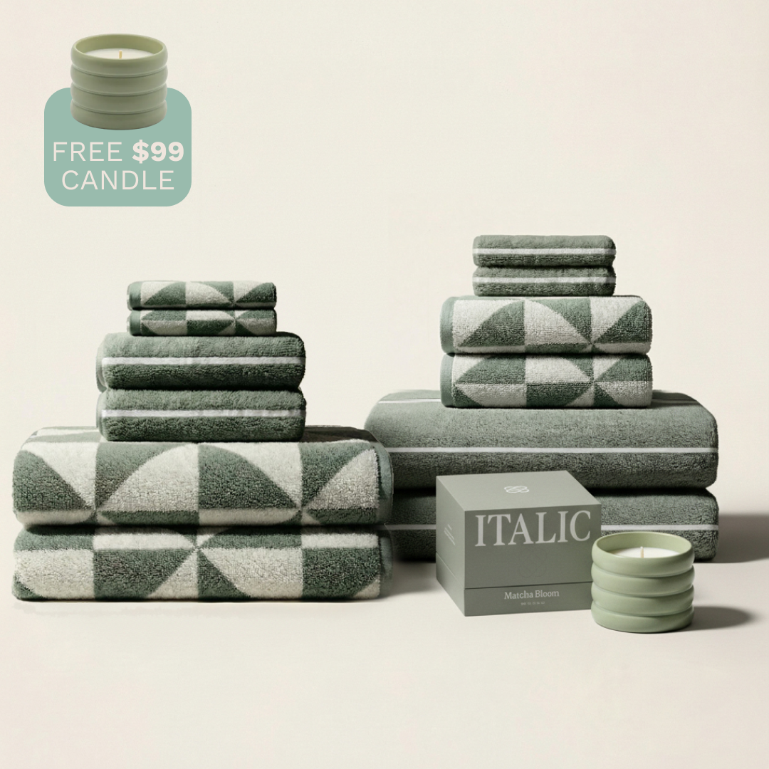 Umbra Australian Cotton Towels Sage & Ecru Family Set (Set of 12 with FREE Candle) Bath - Tophatter Daily Deals