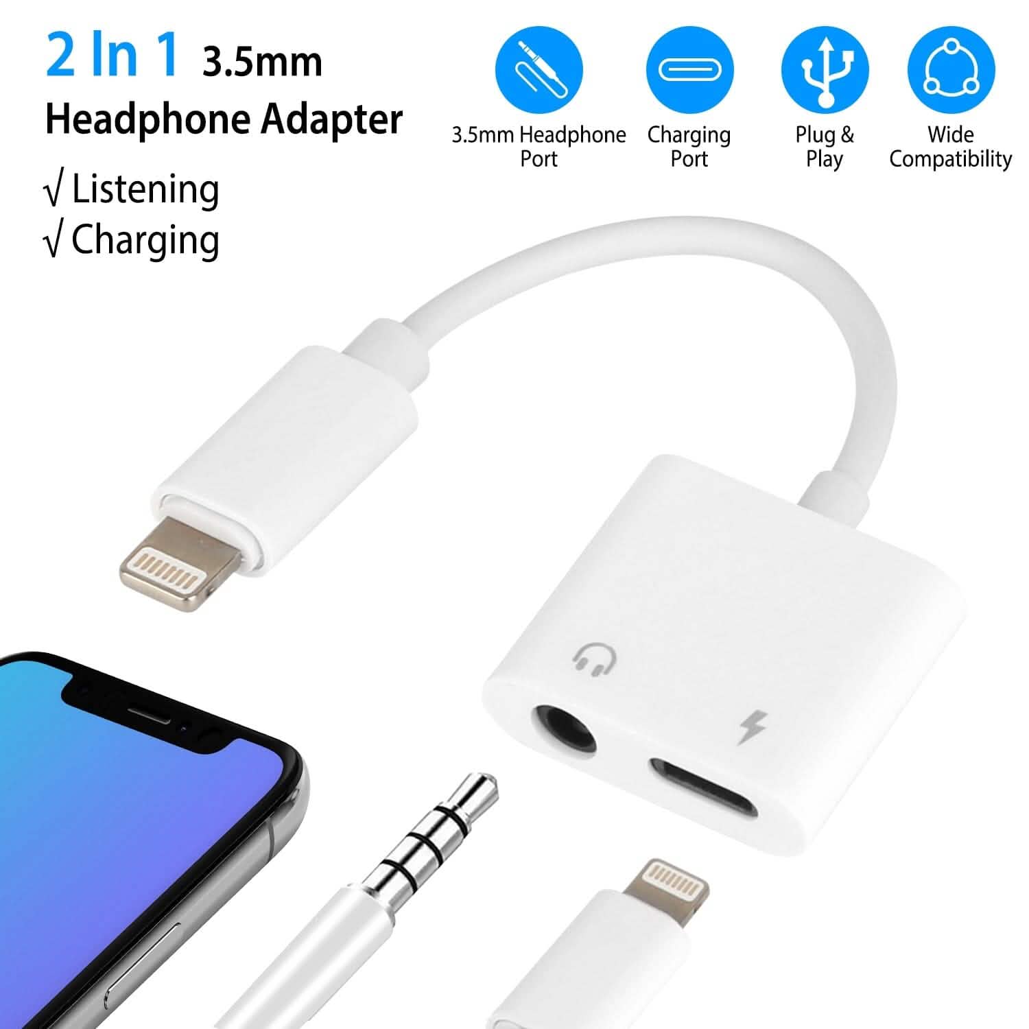 2-in-1 3.5mm Headphone Adapter Charger Audio Splitter Dongle Mobile Accessories - Tophatter Daily Deals