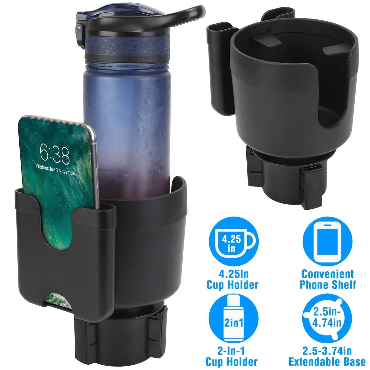2-in-1 Car Cup Holder with Phone Holder Adjustable Base Automotive - Tophatter Daily Deals