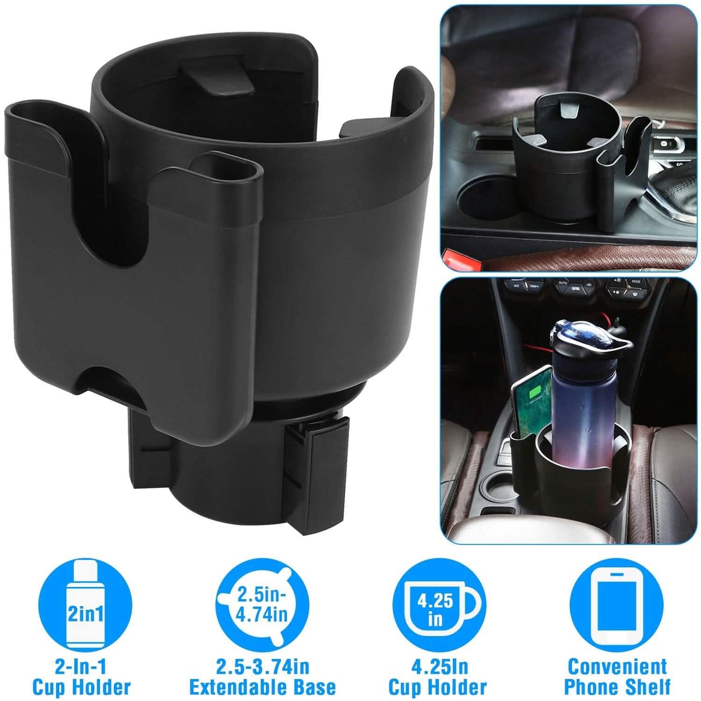2-in-1 Car Cup Holder with Phone Holder Adjustable Base Automotive - Tophatter Daily Deals