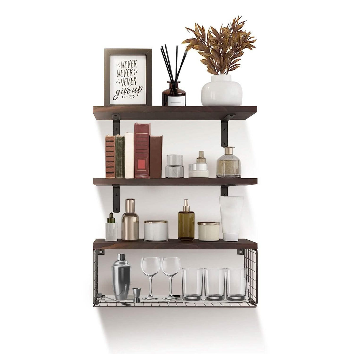 2-in-1 Floating Shelves Wall Mounted with Storage Basket Furniture & Decor - Tophatter Daily Deals