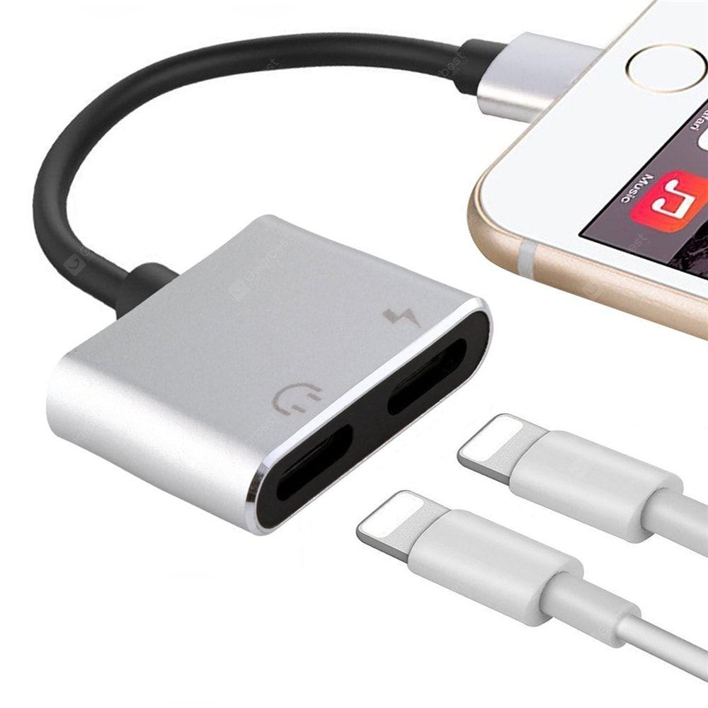 2-in-1 for Lightning Adapter For iPhone 7 8 Plus 10 X Silver Charging Cable - Tophatter Daily Deals