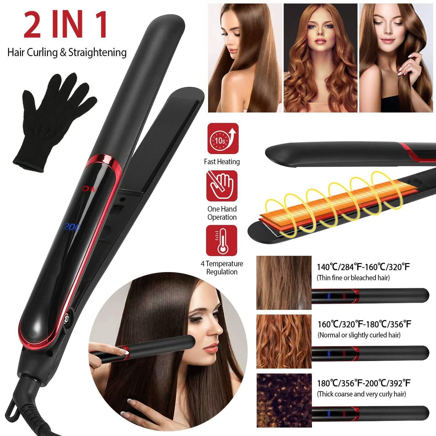 2-in-1 Twist Hair Straightener Ceramic Plate Hair Curler with Temperature Adjust LCD Display Beauty & Personal Care - Tophatter Daily Deals