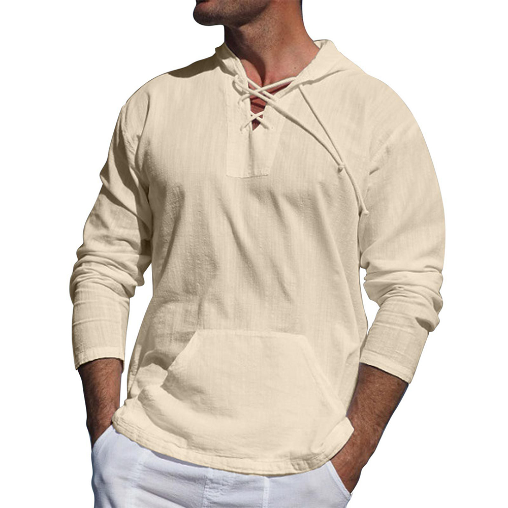 Lightweight Casual Mens Pullover - Laceup V Neck, Linen Beige - Tophatter Daily Deals