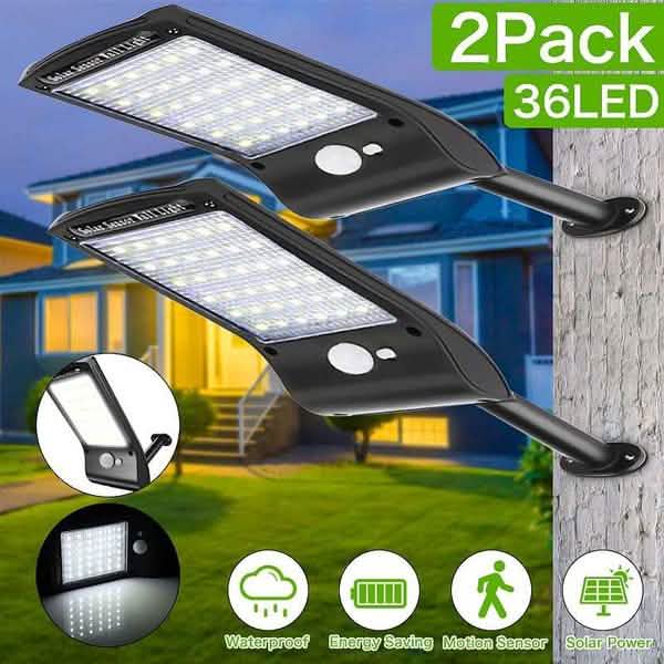 2-Pack: 36 LED Solar Powered Motion Sensor Wall Lamp Outdoor Lighting - Tophatter Daily Deals