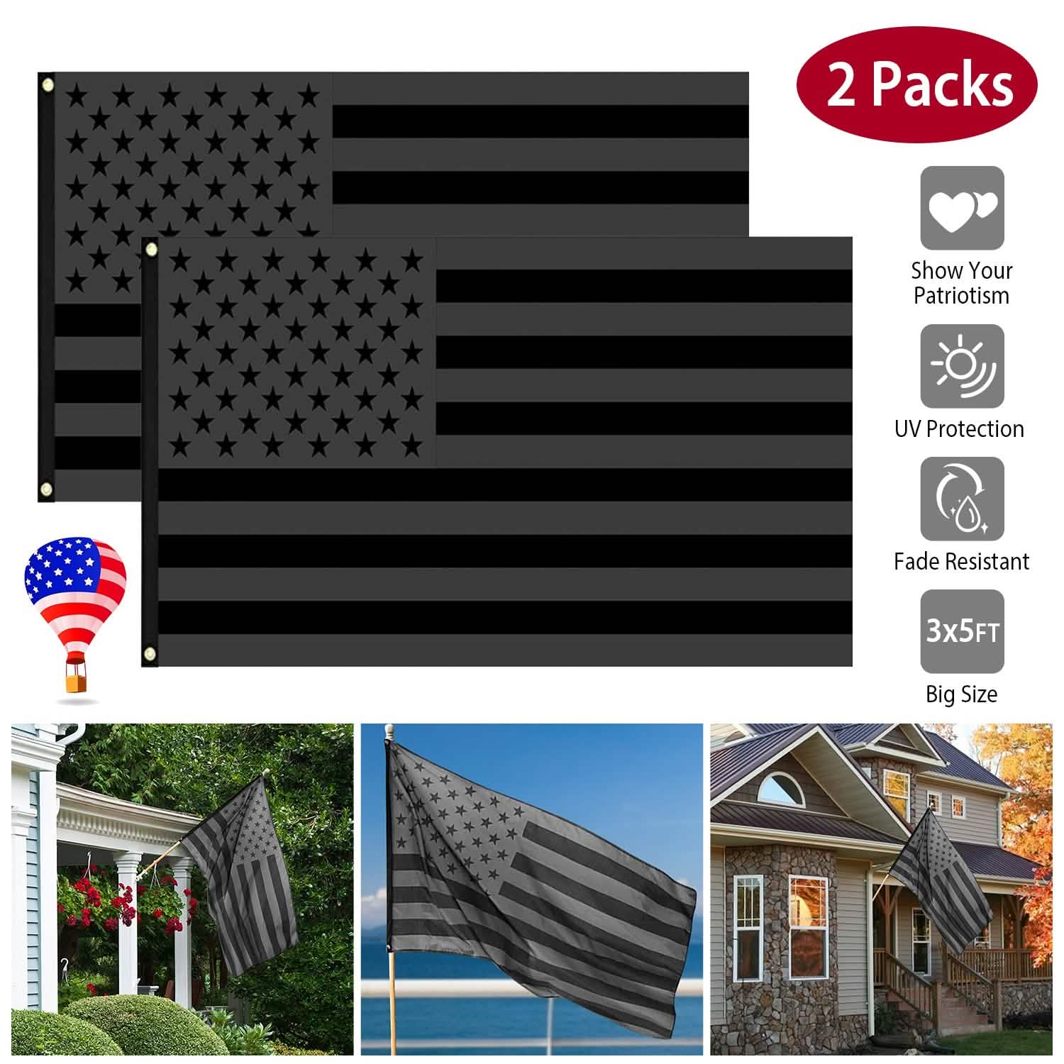 2-Pack: 3X5 Ft. All Black American Flag Everything Else - Tophatter Daily Deals