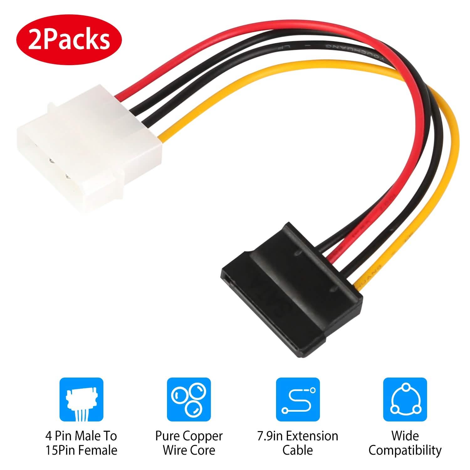 2-Pack: 4 Pin Male To 15Pin Female Data Cable Adapter Computer Accessories - Tophatter Daily Deals