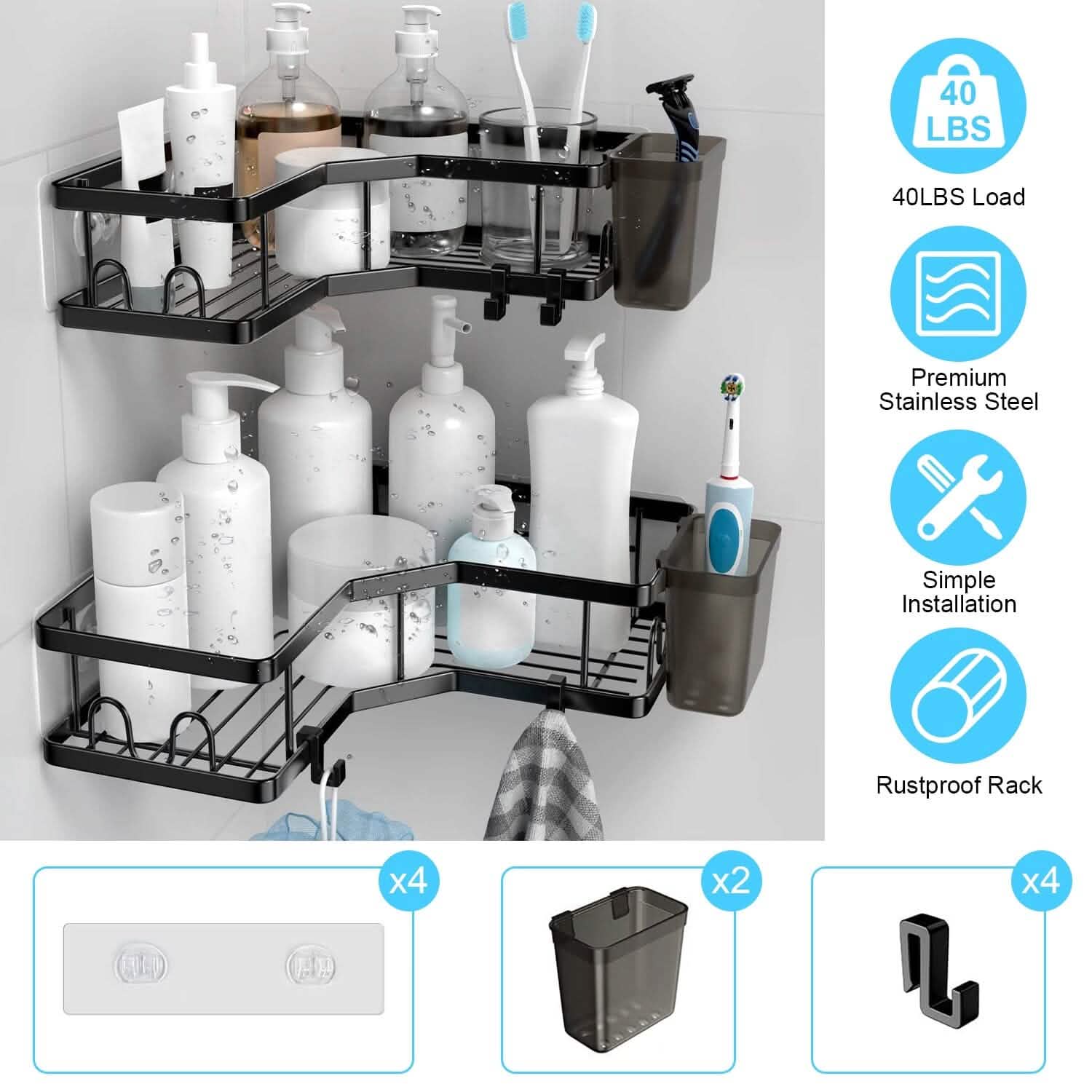2-Pack: Corner Shower Caddy No Drilling Adhesive Shower Organizer Bath - Tophatter Daily Deals