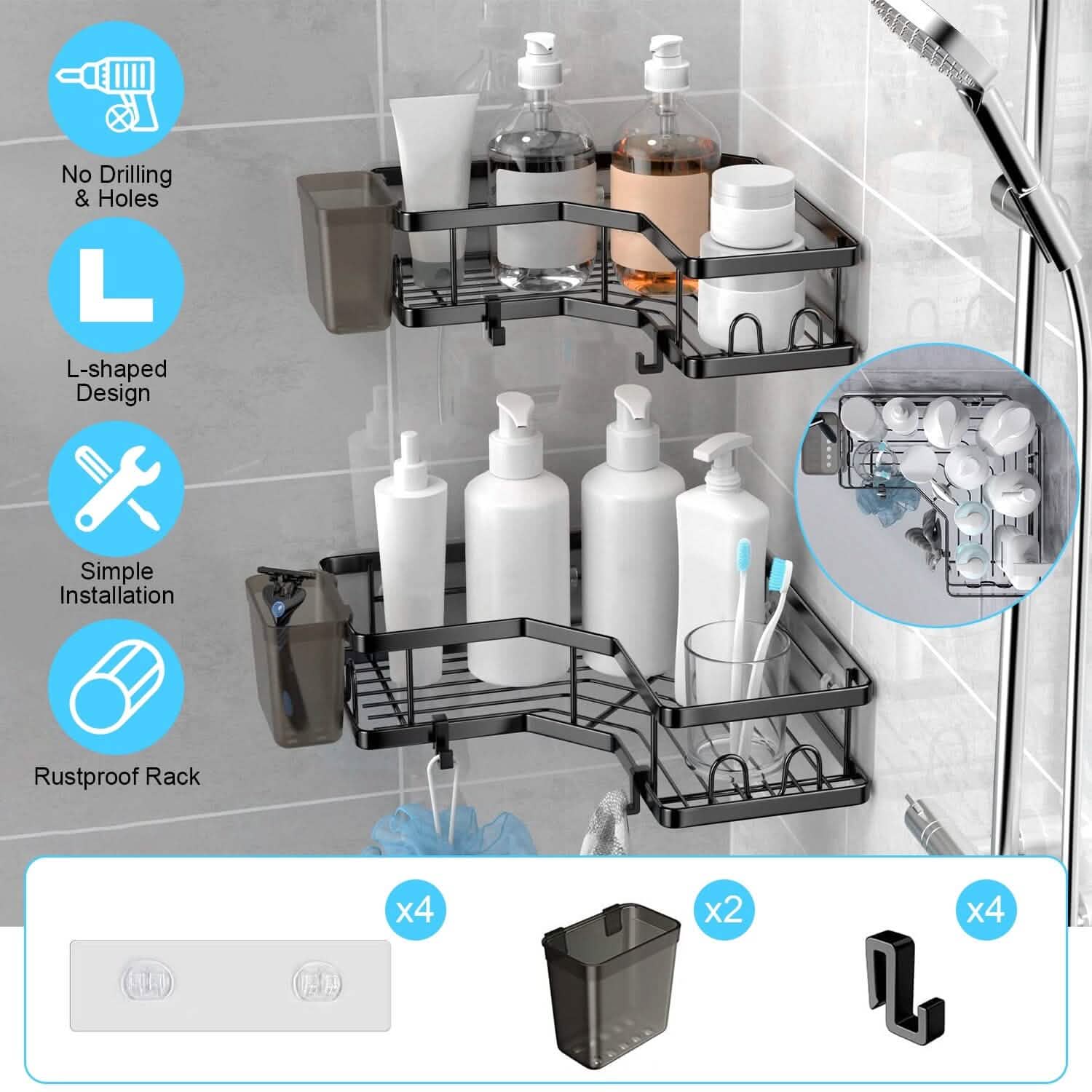 2-Pack: Corner Shower Caddy No Drilling Adhesive Shower Organizer Bath - Tophatter Daily Deals