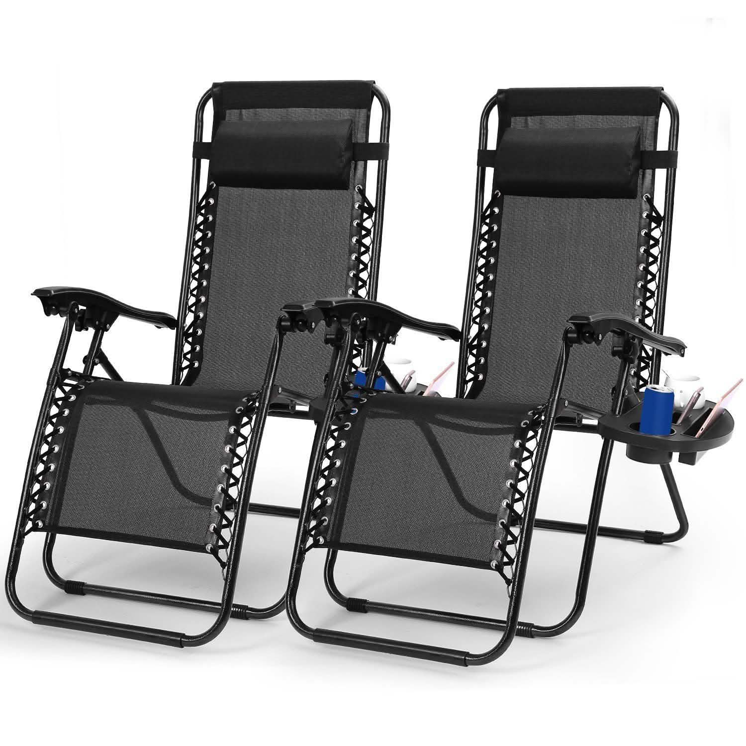 2-Pack: Foldable Zero Gravity Lounge Chair with Dual Side Tray Black Garden & Patio - Tophatter Daily Deals