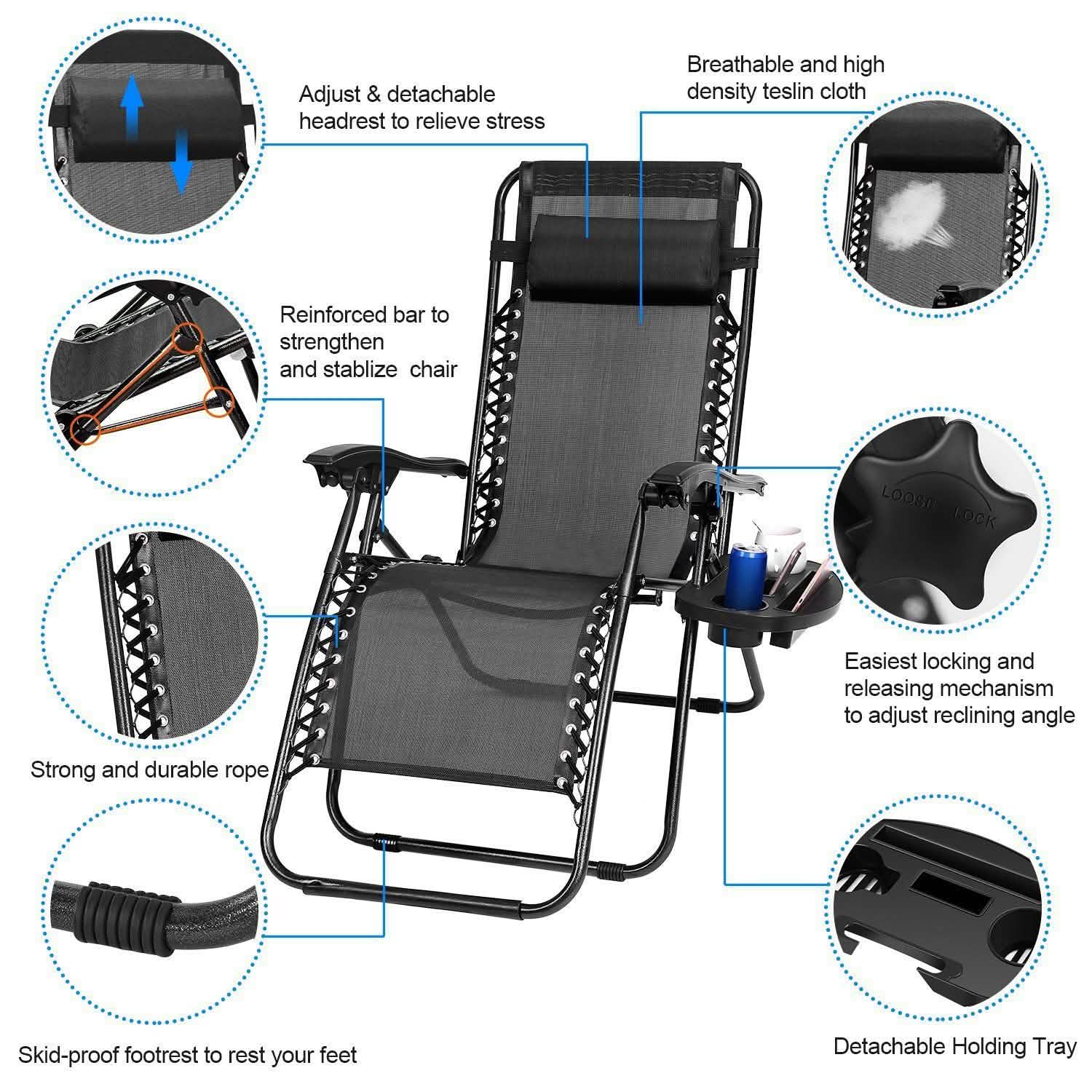 2-Pack: Foldable Zero Gravity Lounge Chair with Dual Side Tray Garden & Patio - Tophatter Daily Deals