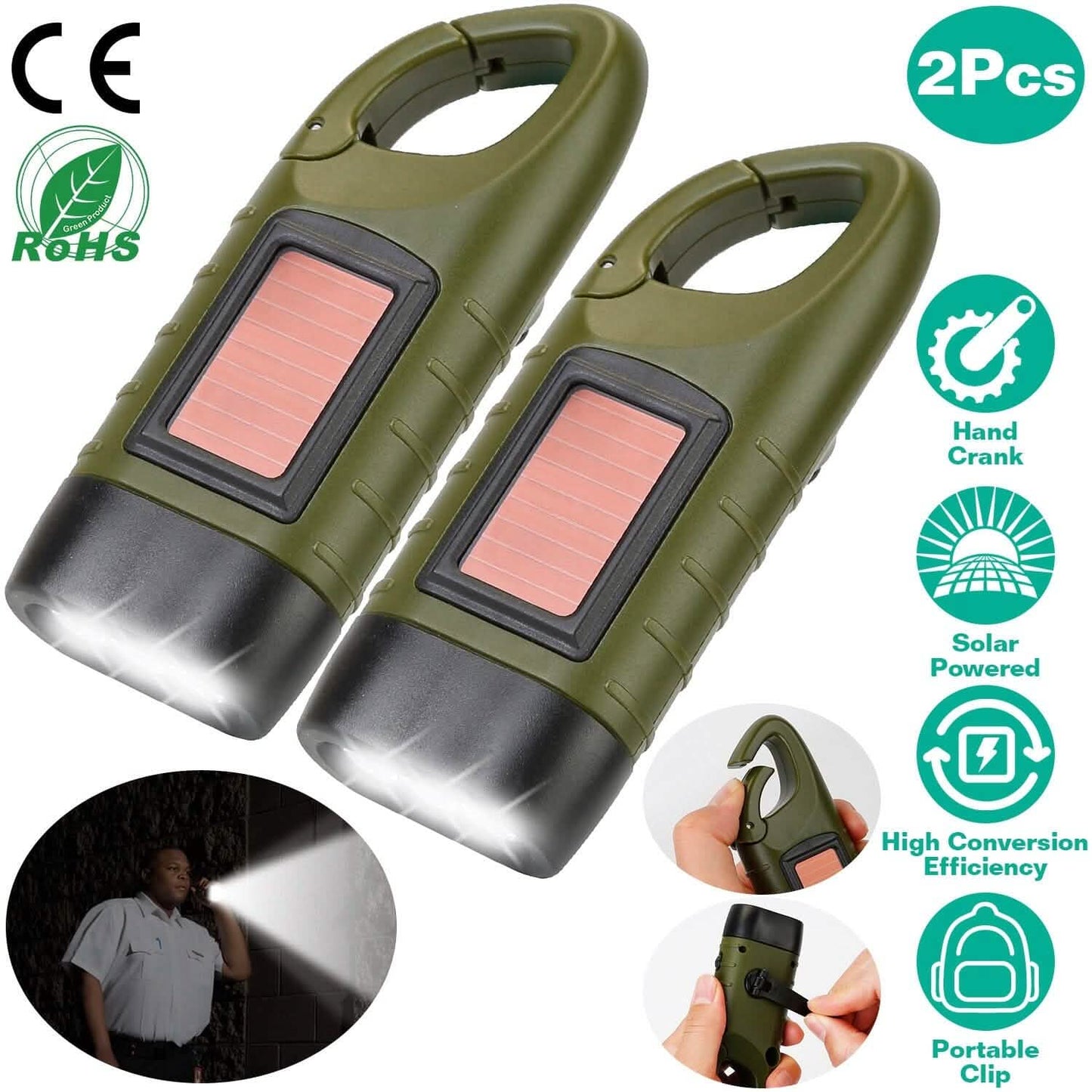 2-Pack: Hand Crank Solar Powered Flashlight Outdoor Recreation - Tophatter Daily Deals