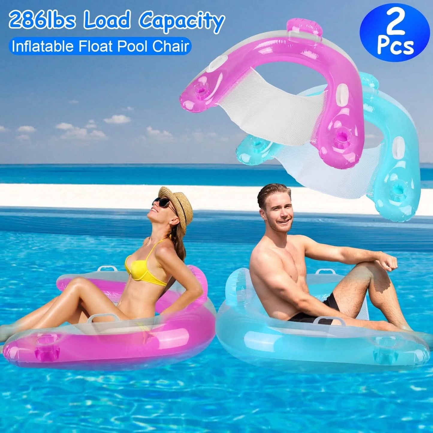 2-Pack: Inflatable Float Pool Chair with Cup Holder Arm Rest Outdoor Recreation - Tophatter Daily Deals