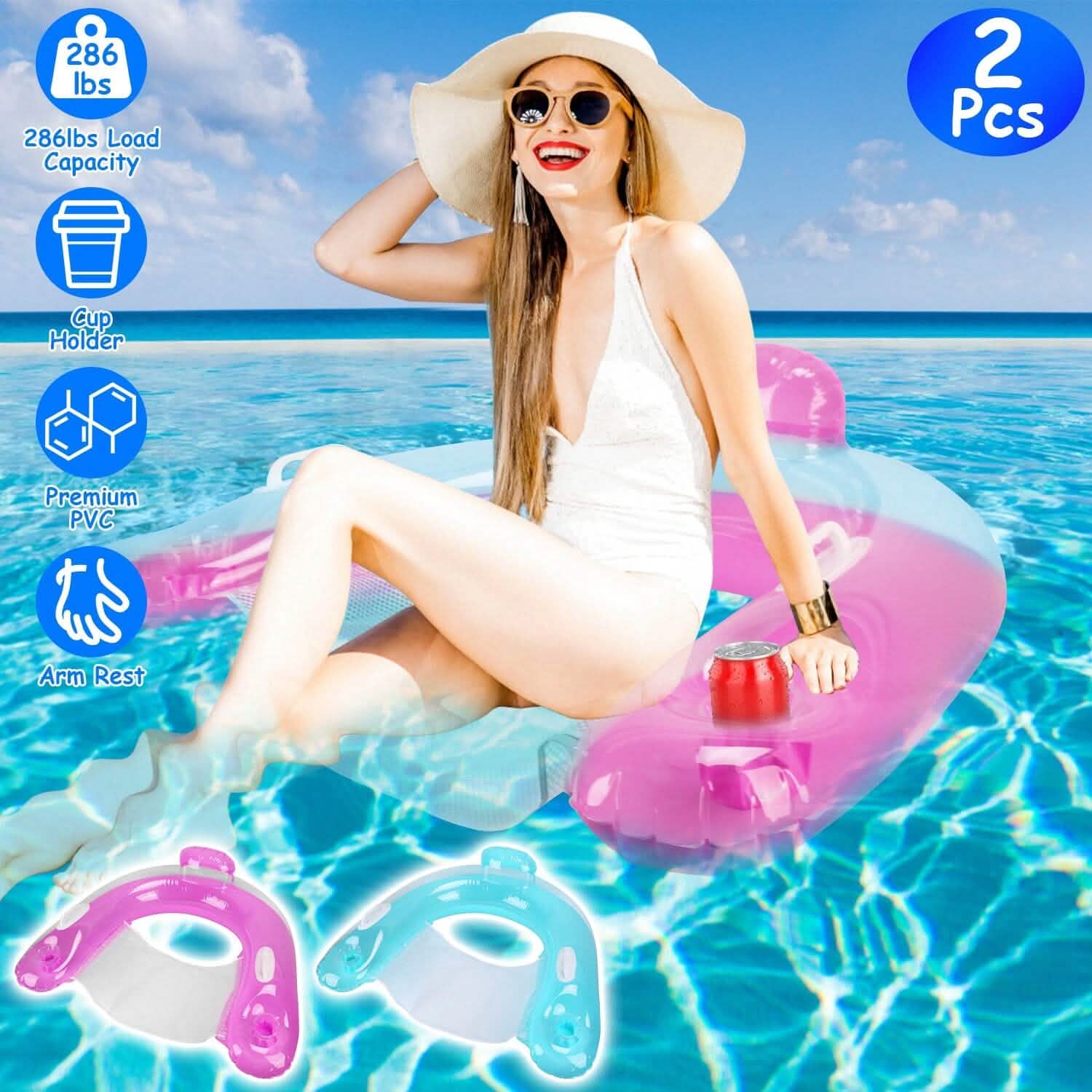 2-Pack: Inflatable Float Pool Chair with Cup Holder Arm Rest Outdoor Recreation - Tophatter Daily Deals