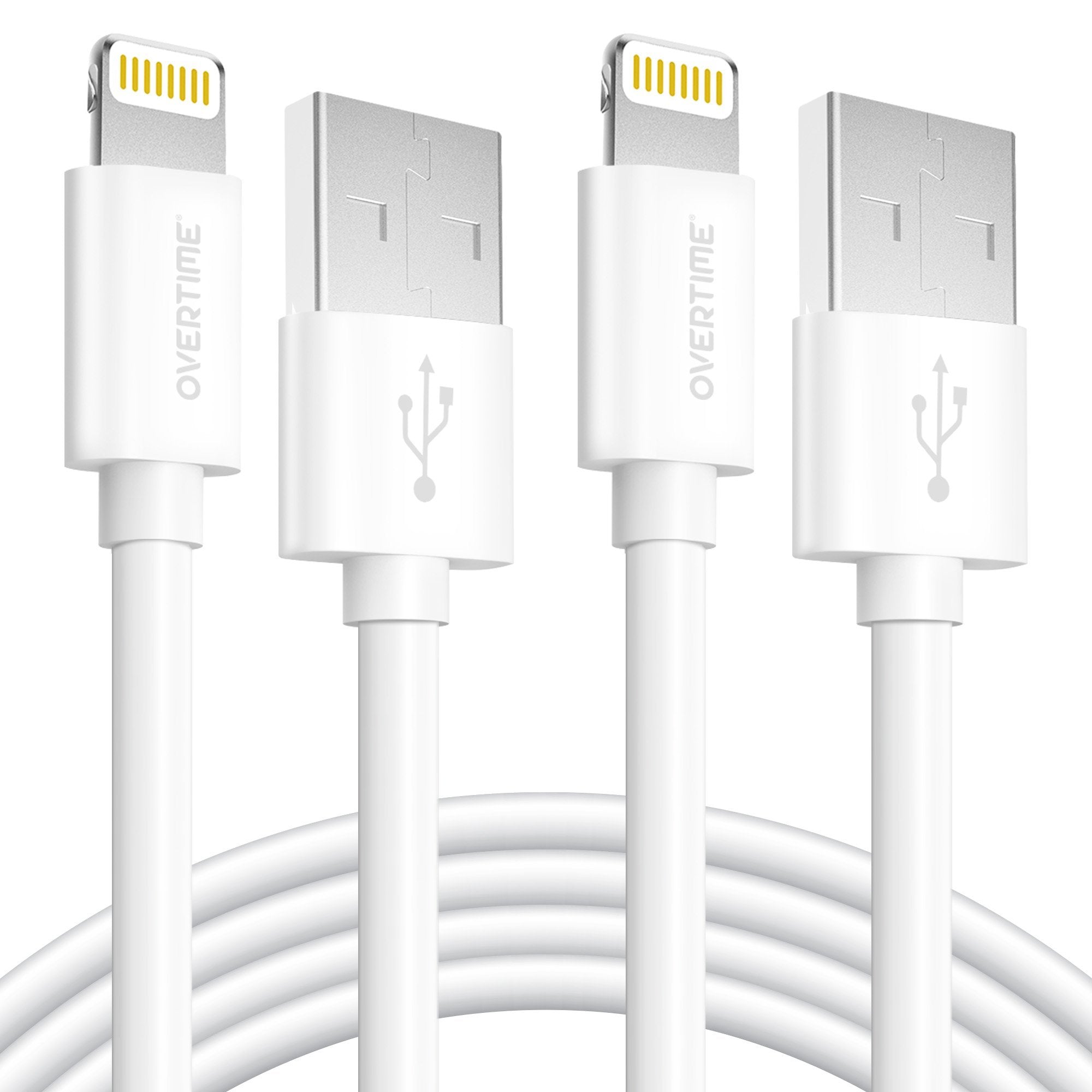 2-Pack: Overtime Apple MFI Certified iPhone Charger Lightning Cable 10 Foot Charging Cable - Tophatter Daily Deals